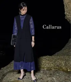 Callarus スタンドカラーレース切替デザインワンピースドレス 6L