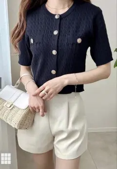 GRLゴールドボタンケーブルニットカーディガン[fs09]ネイビー