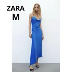 ZARA サテン ミディワンピース ブルー M 上品光沢 人気完売