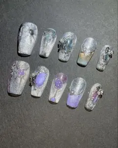 29 ネイルチップ10個セット　青と紫　異色　シルバー　マグネット