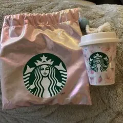 スターバックス ピンク巾着収納袋とカップ