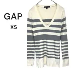 【ギャップGAP】　長袖ニット　薄手　Vネック　リブ　ボーダー　白グレー　XSのサムネイル