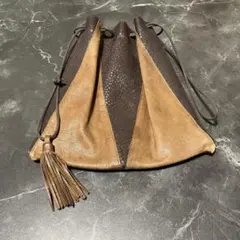 M*a様 レザー 巾着バッグ ブラウン コンビカラー タッセル付き