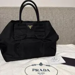 美品PRADA ハンドバッグ リボン レザー ナイロン ブラック 黒