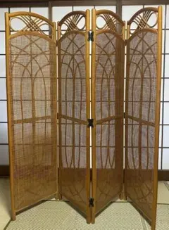 アンティーク 3連 ラタン 木製 パーテーション 衝立 間仕切り kazama