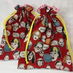 ハンドメイド　巾着袋　ユーモアなフェイス柄　ギンガムチェック　通園通学グッズ