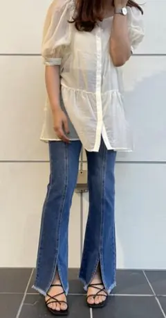 リメイク風デニムセミフレアパンツ