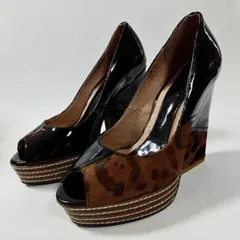 未使用 本革ハラコXパテントレザー オープントゥパンプス23.0cm