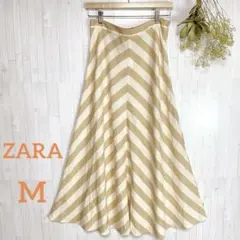 【新品　タグ付き】ZARA　ザラ　リネン　麻　ストライプ柄　フレアスカート Mのサムネイル