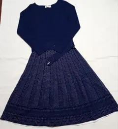 【美品】デビュードフィオレ　ネイビー ニットワンピース　ベルト付き　M