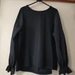 ブラック 異素材 フリル袖 長袖トップス LL