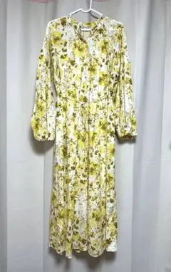 【美品】Mila Owenスタンドカラー袖ボリュームワンピース/花柄イエロー