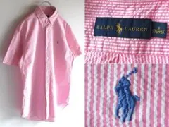 ラルフローレン ロゴ刺繍 シアサッカーストライプ BDシャツ S ピンク