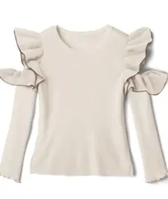 フリル付きベージュ長袖 配色フリルオープンショルダーニットトップス dr342