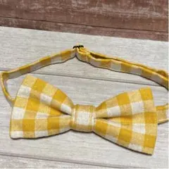 ハンドメイド★カラシ色のギンガムチェック柄蝶ネクタイ★上質中厚麻混綿生地★