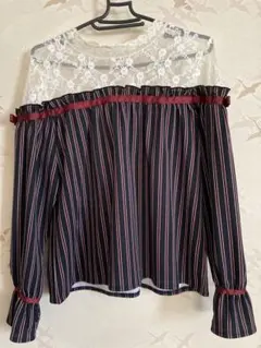axes femme ストライプ柄レース長袖トップス