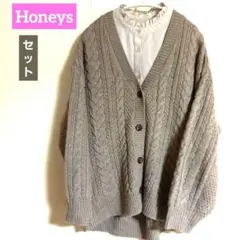 Honeysモカブラウンウール混 カーディガンM+ブラウスLセット