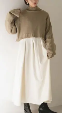 【KBF】長袖ニット×長袖ワンピ　レイヤードワンピース