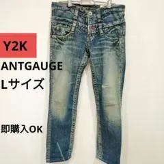 レアY2Kアントゲージ ダブルウエスト 刺繍ダメージ デニムパンツ L ギミックのサムネイル