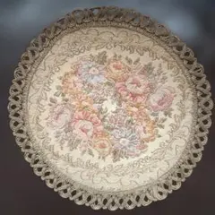 アンティーク Italy 花柄刺繍 円形マット レース縁取り(27)