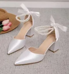 ホワイトパール付きリボンハイヒールパンプス　結婚式