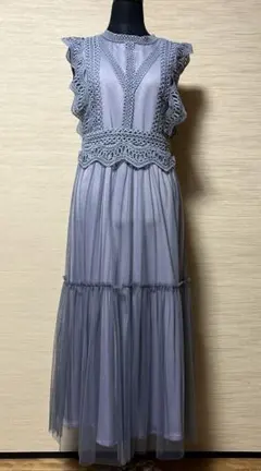 グレー レース装飾 マキシパーティドレス
