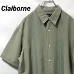T-609 Claiborne ストライプ織り半袖シャツ XL 緑 USA古着