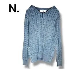 エヌ ケーブル編みVネックニット M 水色 コットン100％　長袖