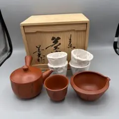 美濃焼　朱泥　茶器　急須　湯冷し　湯呑五客 美光作　共箱付