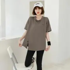 ヨガやジムなどに最適！カジュアルベージュ半袖Tシャツ ＸＸＬ