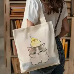 モフサンド 鳥と猫デザイン キャンバストートバッグ mofusand