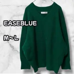 N0042　Vネックニットセーター　長袖　ゆったり　伸縮性　濃グリーン　F