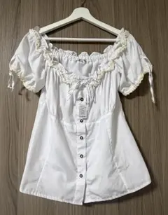 ホワイト 刺繍レース付き 半袖ブラウス リボン紐デザイン ナチュラル グランジ