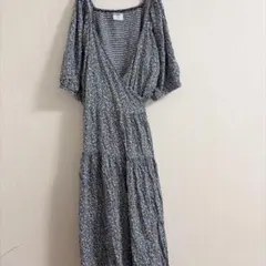 オールドネイビー ワンピース カシュクール パフスリーブ 花柄 XL 青 綿