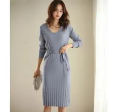 SAISONDE PAPILLONウエストリボンニットワンピース　ブルー　青