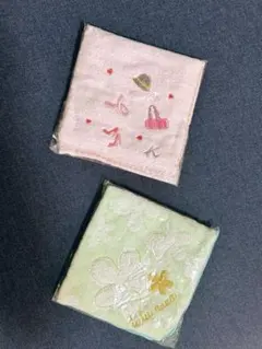 タオルハンカチ2枚セット（花柄・靴・帽子刺繍）ふんわりハンカチ25cm