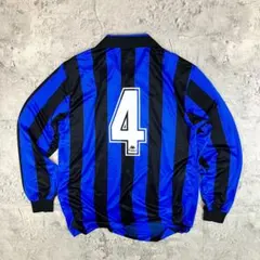 【未使用】90s Kappa 長袖サッカーシャツ #4 日本製 縦縞 青黒 XL