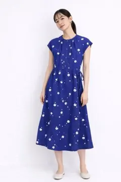 青ドット柄半袖ロングワンピース