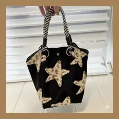 新品未使用　レオパード柄　ブラック　星柄　ハンドバッグ　ニットバッグ　ヒョウ柄