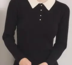 ダブルカラーポロニット手洗い可】配色ポロ襟リブニット