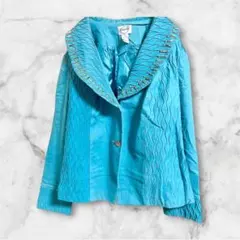 ジャケット レディース ビーズ装飾 デザイン襟 ターコイズカラー 長袖