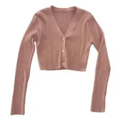 リブニットカーディガン Vネック ショート丈 長袖 ピンクラメカラー