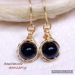 天然石　オニキス　ワイヤーラップ　ピアス　イヤリング　御守り