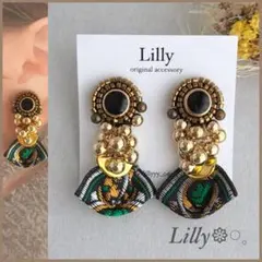 #980 大ぶりピアス/インド刺繍リボン/アンティーク/ゴールド/ハンドメイド