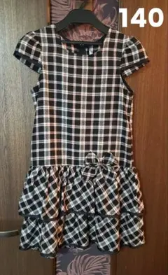 【140cm】チェック柄ワンピース フリル リボン付き 女の子