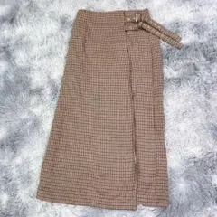 【M】ラップスカート　千鳥格子柄　チェック柄　ブラウン　秋冬　レディース　厚手