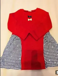 【美品】値下げ✨️Moujonjon 　長袖ワンピース　 リボン 赤 チェック