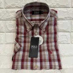 【POLO】半袖チェックシャツ M 綿麻 ボタンダウン オーガニックコットン 赤のサムネイル