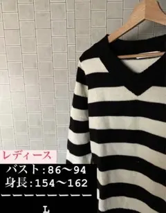 ブラック×ホワイト 太ボーダー Vネックセーター（レディースL）