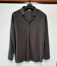 スキッパーブラウス 長袖 ドロップショルダー 茶 M